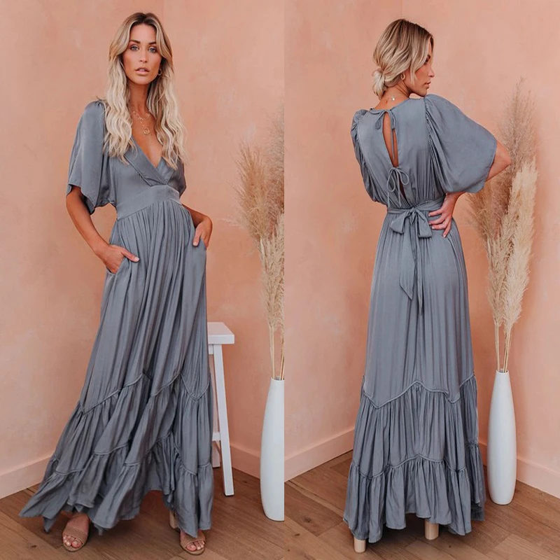 

Solid Color Chiffon Long Dress 2021 Summer Casual Women Bohemia Waist Fashion Sexy Open Back Lace Up Large Casual Dresses