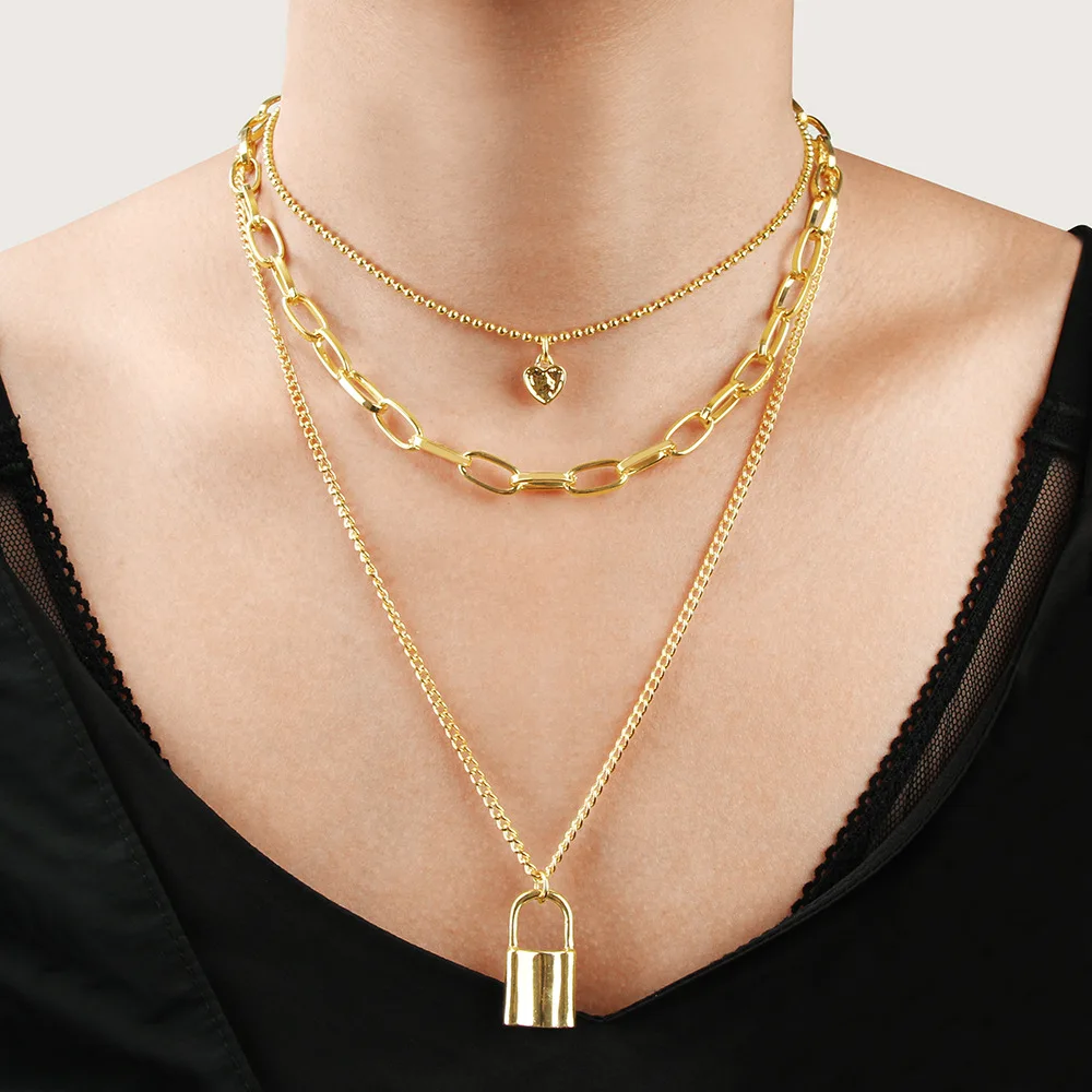 

Personality Alloy Lock Pendant Necklaces For Women Heart Multi Layer Statement Necklace Jewelry Accessories Gifts