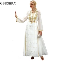 bushra middle east abaya luxury gold woven fabric handmade rhinestone muslim dress dubai robe evening maxi dress with belt