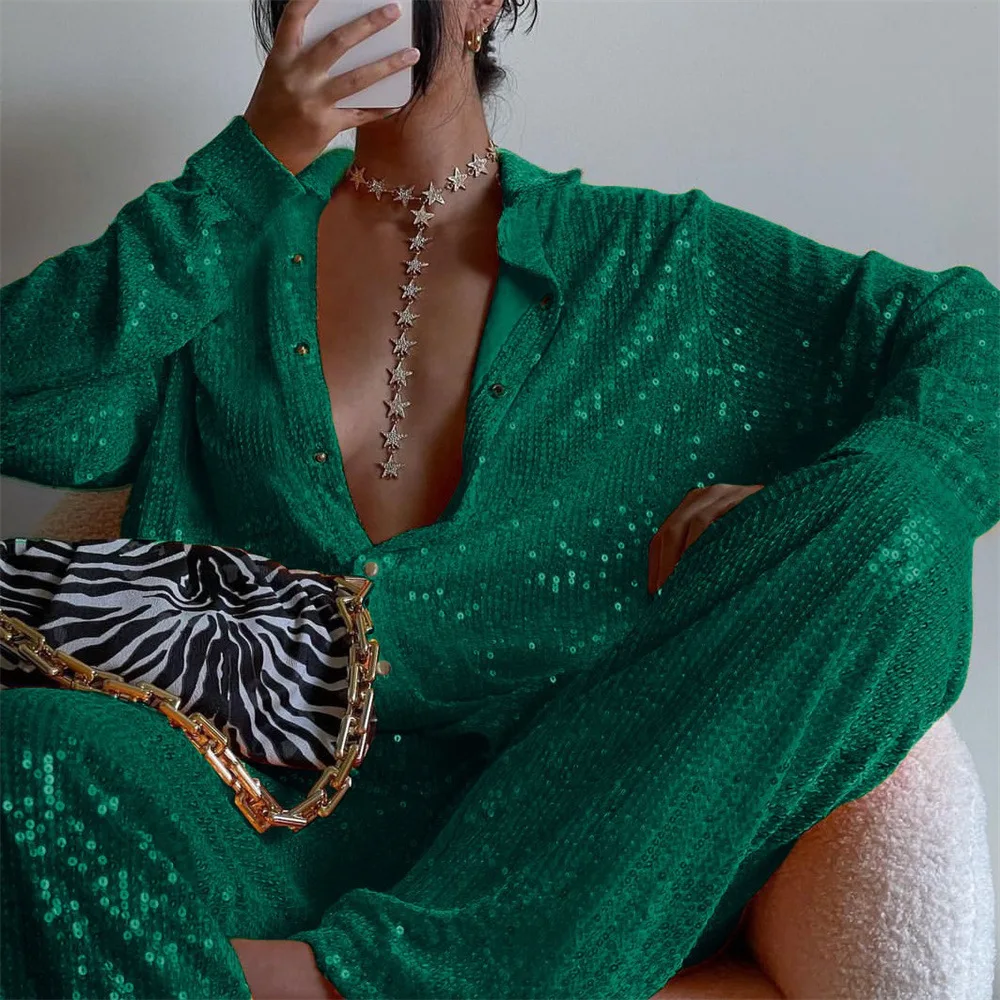 

3 Pcs Sequins Green Long Sleeve Blouse Shirts Women V Neck Oversized 2022 Spring Atummn Black Y2K Party Top Shirt Sexy Clothes