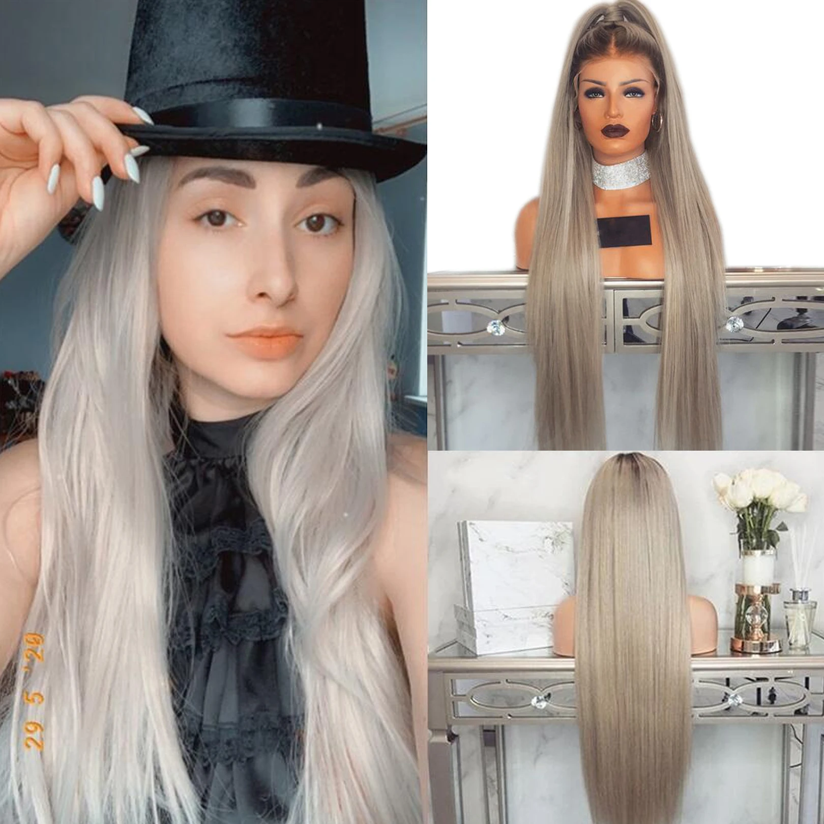 Anogol Омбре пепепельный светлый длинный прямой синтетический кружевной передний