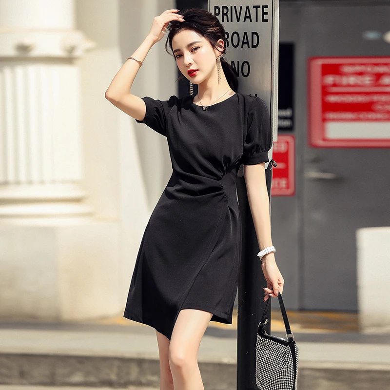 

Women Summer Black A-line Dress 2021 New French Round Neck High Waist Pleated Slim Elegant Short Sleeve Dress