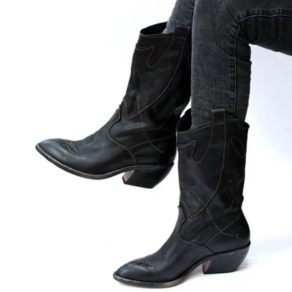 Laamei Women's Western Boots Winter Mid Tube Knight Boot Lady Retro Rome Slip-On Low Heel Leather Shoes Wide Calf Cowboy Botas