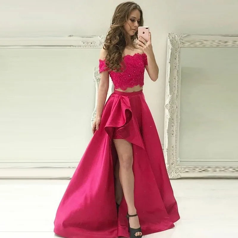 

Two Piece Off-the-Shoulder Sweep Train Short Sleeves Prom/Evening Dress with Lace/Pockets