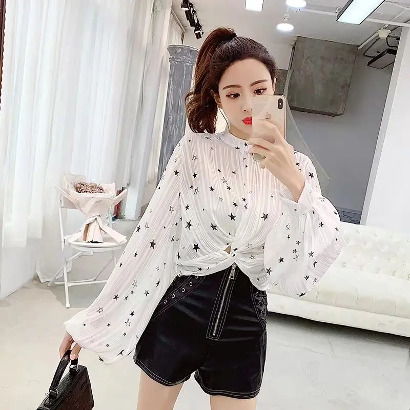 MUMUZI 2019 Осень Новая мода фонари рукава звезды печать короткий дизайн белая и