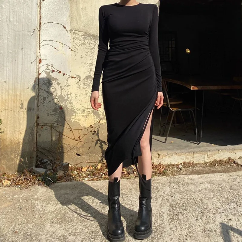 

Autumn French Square Collar Solid Temperament Basic Dress Bottom Cotton Full Sexy Split Dress Pleated Drawstring Slim Dress