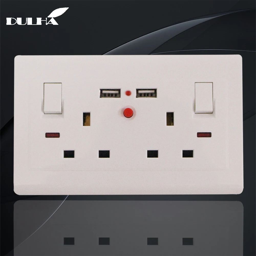 

UK 13A Twin Double USB Charger Wall Switched Socket 2 Gang Electrical Power With Neon Indicate Light With 2 USB Ports Outlet