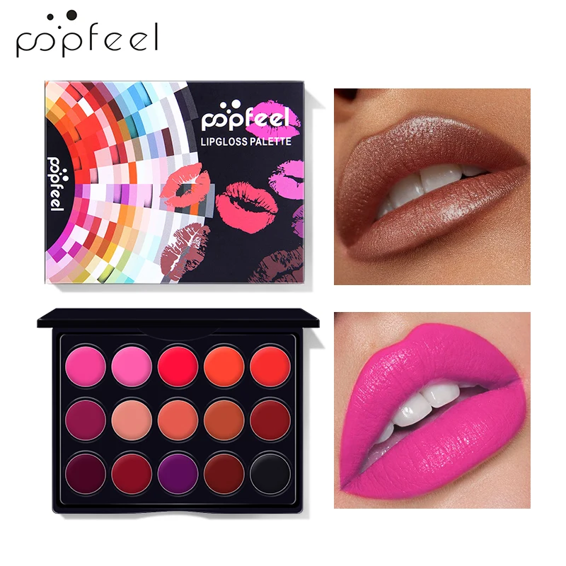 POPFEEL, 15 цветов, набор для макияжа, бархатный блеск для губ+ Губная Палетка с кистью, стойкая матовая губная помада, антипригарная чашка, губная помада, косметика, 50 г