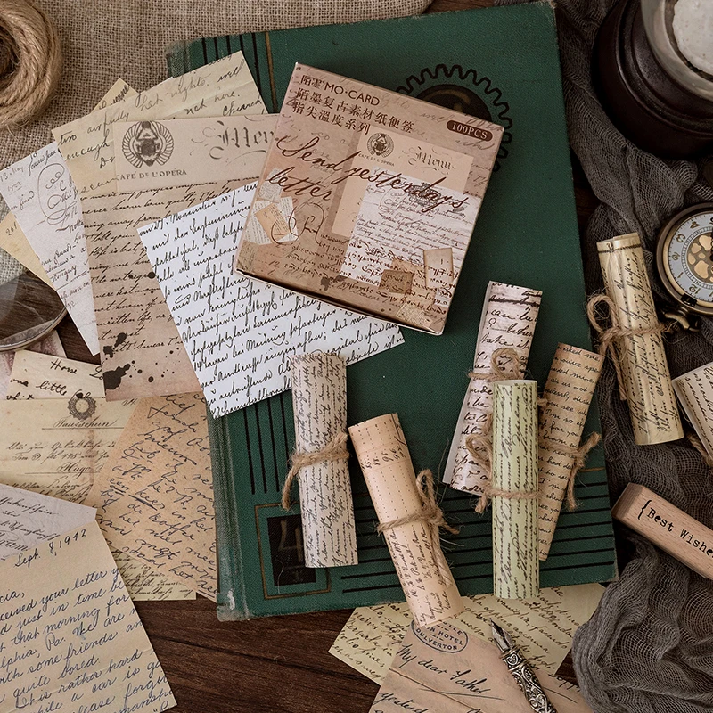 

100Sheets Vintage Style Memo Paper Material DIY Junk Journal Decorative Scrapbooking Creative Hand Account Stationery Supplies