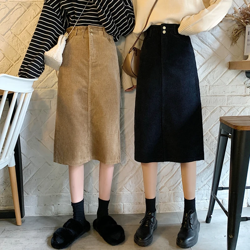 

High Waist Midi Corduroy Side Slit Skirt Women A-line Loose Streetwear Skirts Female Pockets Denim Skirts 2020 Autumn Winter