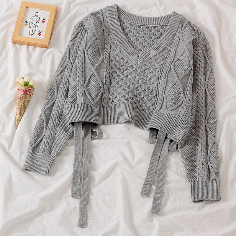 gray Осенний модный короткий женский свитер с v-образным вырезом, вязаный Конопляный свитер с цветами, женские свободные повседневные топы - Цвет: gray