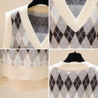 Argyle Contrast Women Knitted Vest V Neck Sleeveless Pullovers Girl Sweater Waistcoats Tops
