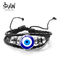 new blue evil eye braided leather bracelets multilayer beaded charms bracelets bangles handmade wristband unisex turkish jewelry