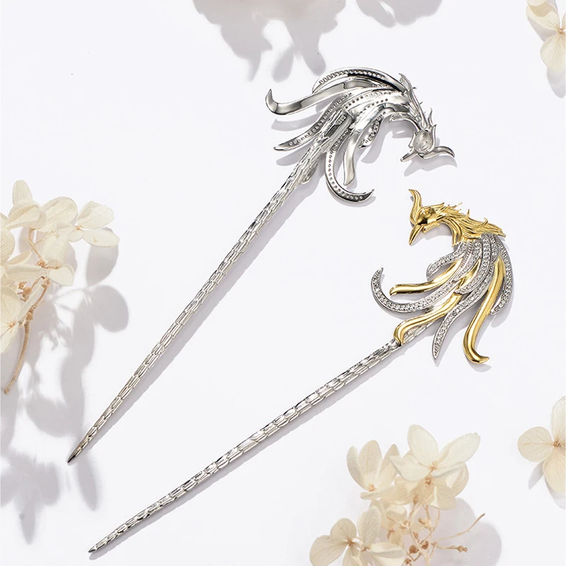 Палочки для волос с Фениксом из серебра 925 пробы Китайская Этническая бижутерия