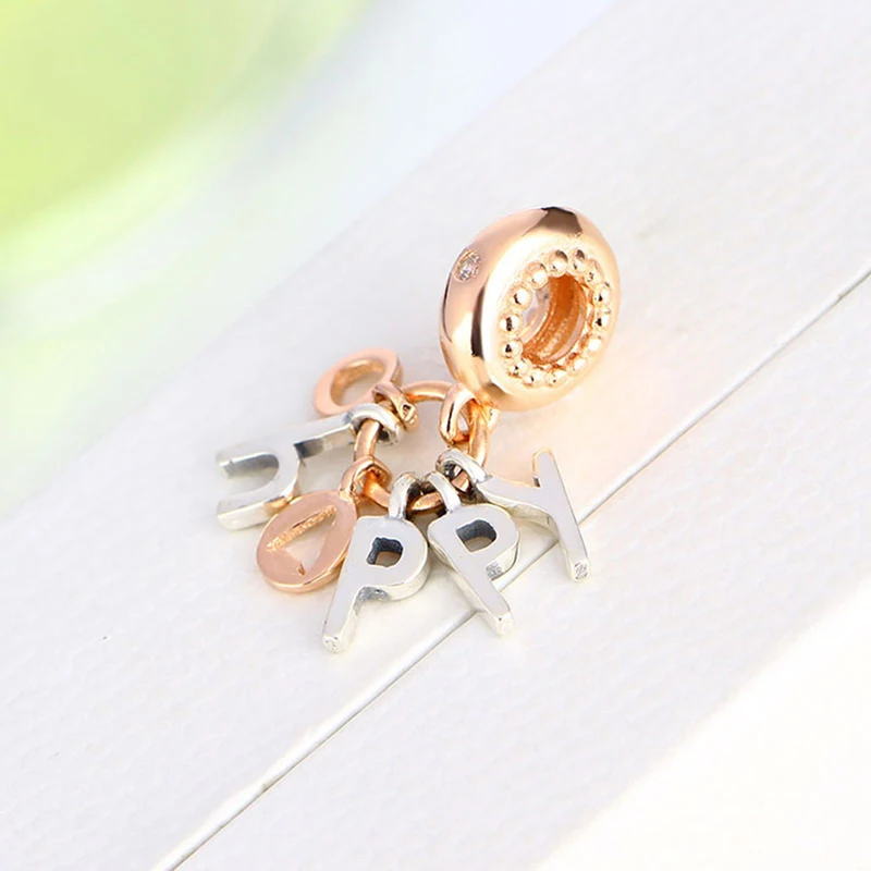 

925 Sterling Silver Rose Gold Letter Happy Bead Pendant Fit Original Pan Charm Bracelet Necklace Making Friends Berloque DIY