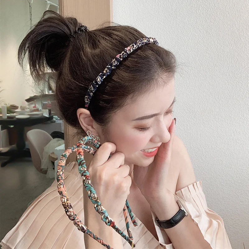 

Floral fabric headband thin Korean version with diamond headband women's retro rhinestone headwear small fresh and sweet hairpin