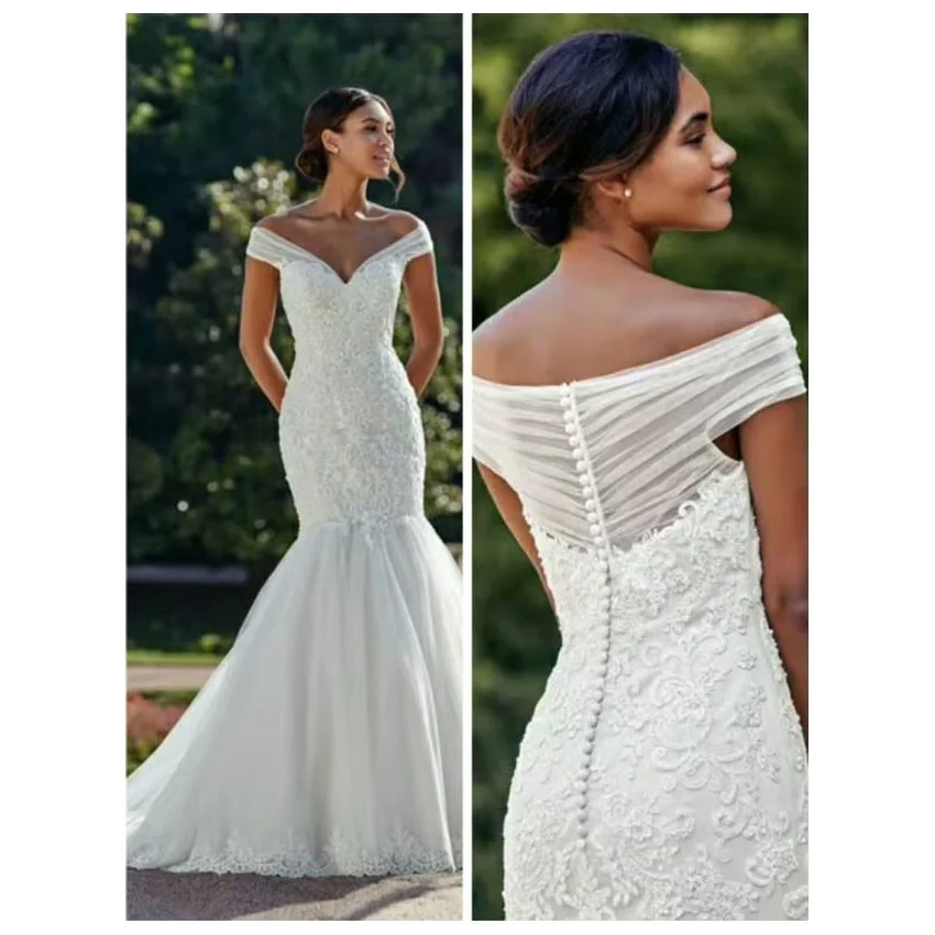 

2021 New One Shoulder Long Tail Wedding Dress Fishtail Thin Bride Wedding Heavy Pearl Embroidery Wedding Dress