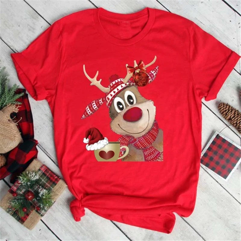 

100% Cotton ZOGANKI Christmas Xmas Cartoon Printed Tops Women Red New Year T-shirt Fashion Harajuku Tee Shirt Femme