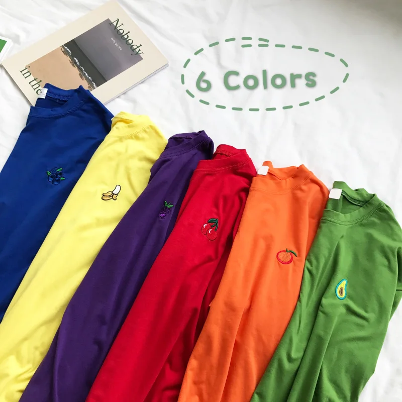 100% хлопковая футболка с вышитыми фруктами в Корейском стиле безразмерная