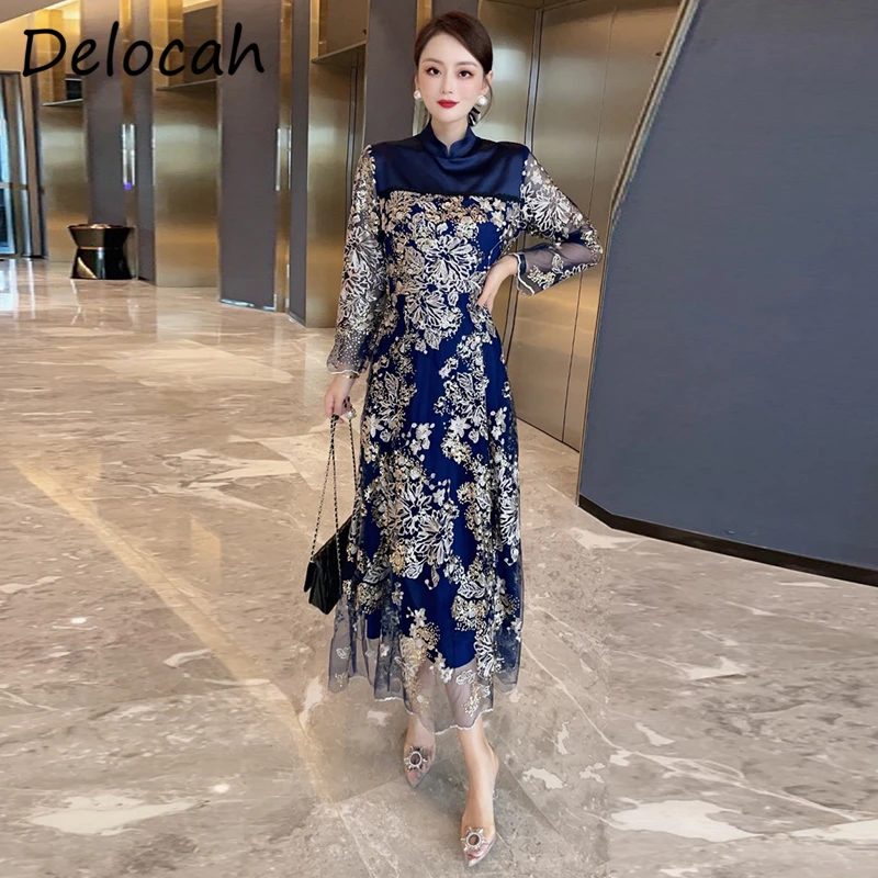 

Delocah Новинка 2021, летнее женское модное подиумное длинное платье с длинным рукавом, великолепные платья трапециевидной формы с вышивкой и бл...