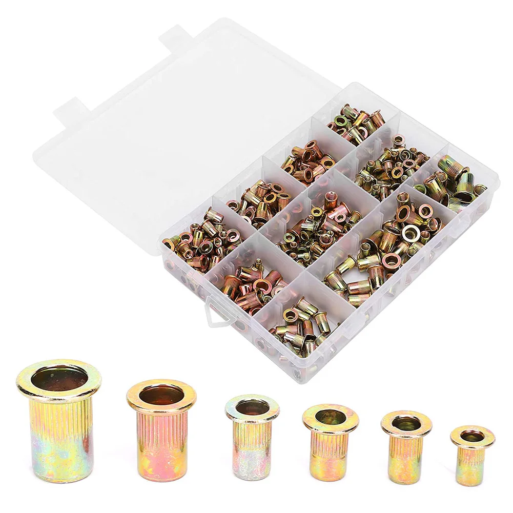 

300PCS Rivet Nut Kit Rivet Nutsert Cap Carbon Steel Flat Head Threaded Insert Nuts Assortment Golden in M3 M4 M5 M6 M8 Rivet Nut