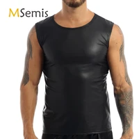 hot mens sleeveless leather t shirt undershirt sports tank top vest black crew neck soft and smooth sportswear