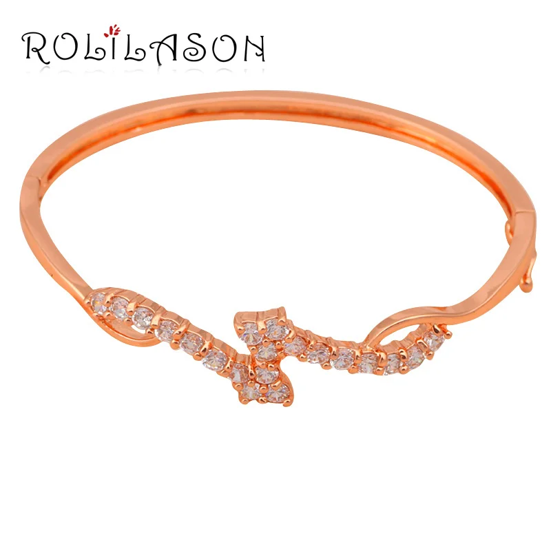 

ROLILASON Brand Designers Hot selling White Crystal Zircon fashion jewelry Rose Gold Tone Bangles for women TB199