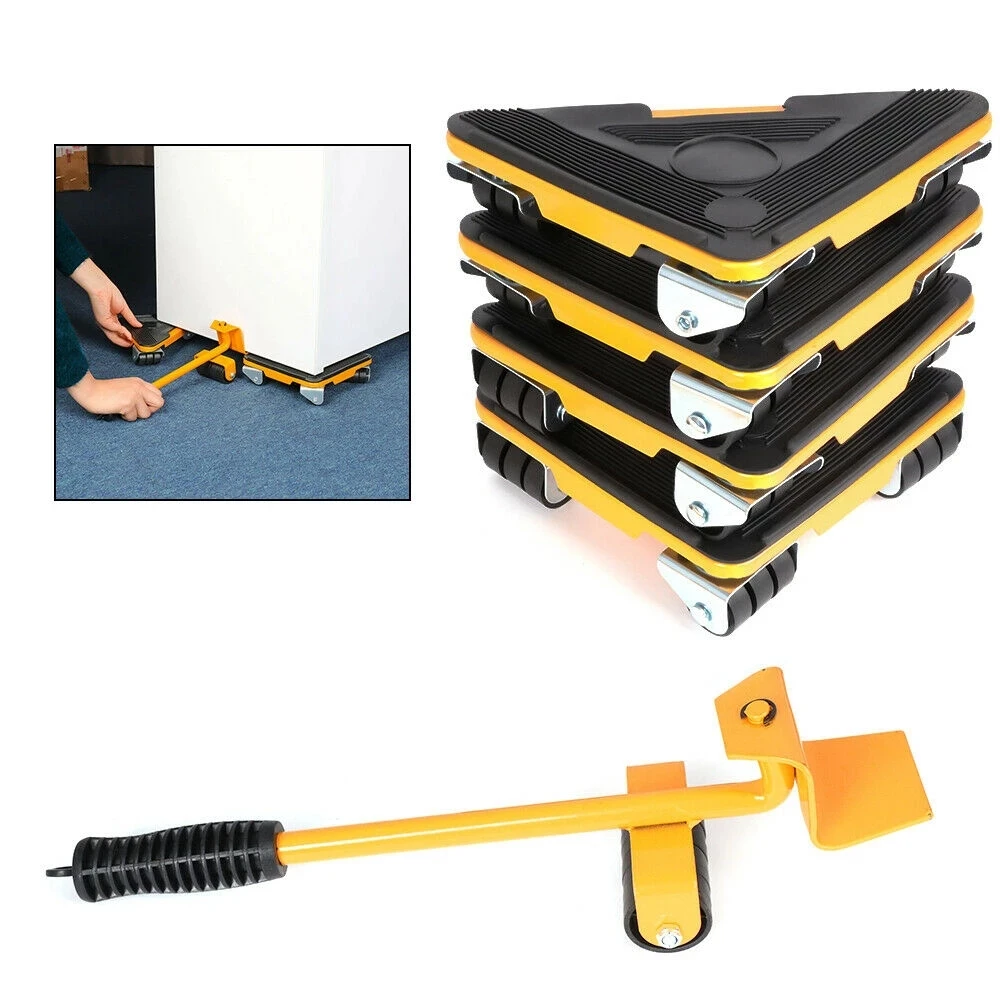

5pcs Furniture Lifter Heavy Professional Roller Move Tool Set Wheel Bar Mover Sliders Transporter Kit Trolley Max Up For 300Kg