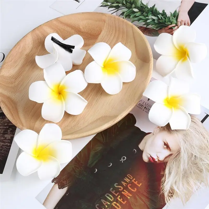 

10pcs 7cm Simulation Hawaii Flower Hair Clip Egg Flower Hairpin Headdress for Beach Luau Party (White with Yellow)