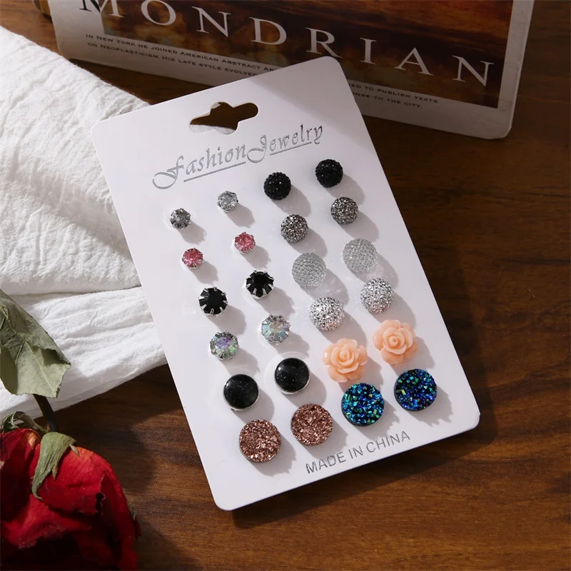 DAXI 12 пар разнообразных кристаллов друза камень смола круглые серьги гвоздики
