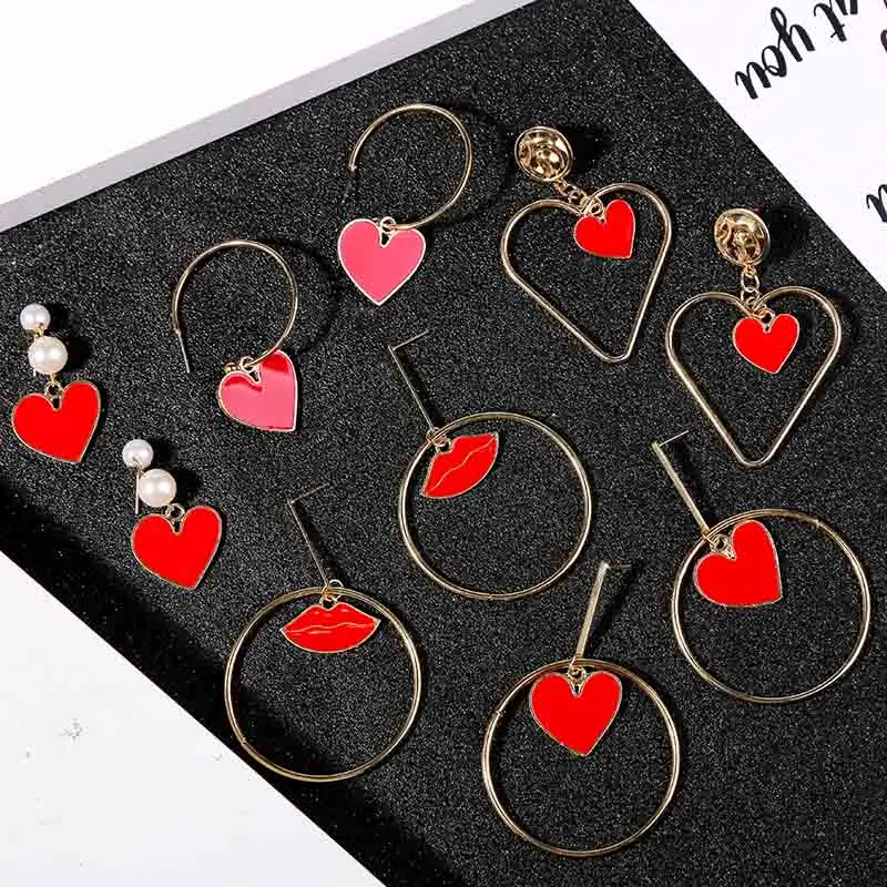 Винтажные длинные геометрические жемчужные эмалированные красные сердца