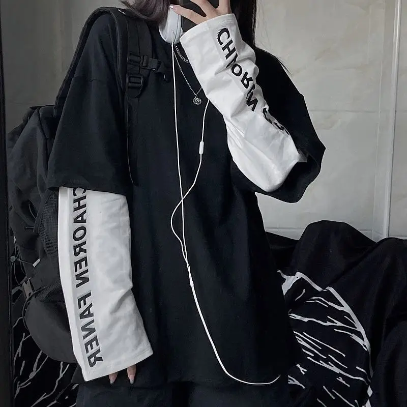 

Harajuku Patchwork T-shirt Women's Long-sleeved Fake Two-piece T-shirts 2022 Autumn New Korean Fashion Bf Style Casual Loose Top