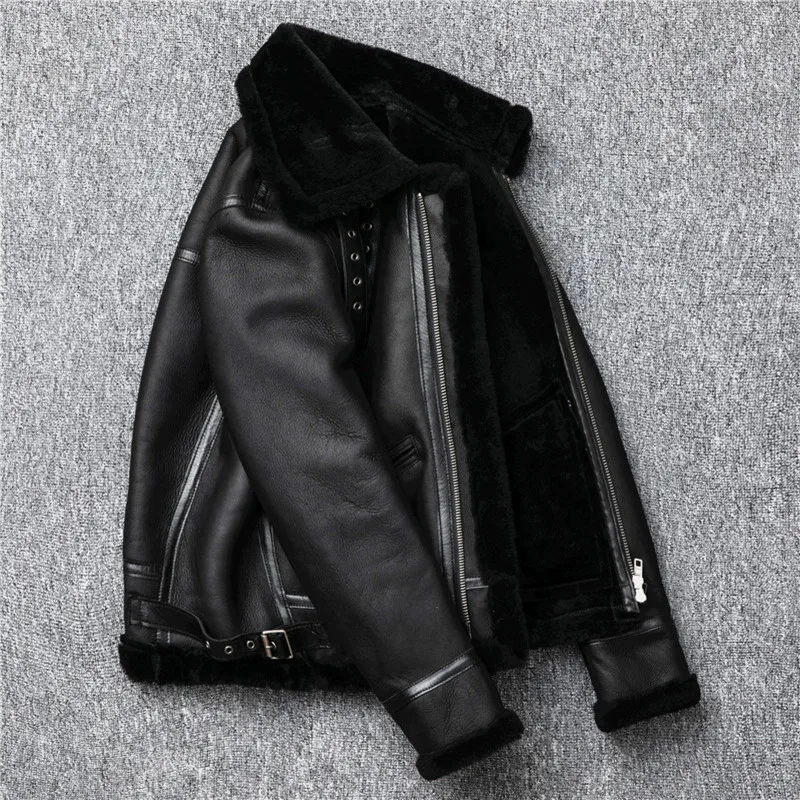 

Men 2020 Black American Style B3 Pilot Leather Jacket Plus Size XXXXL Genuine Thick Winter Natural Shearling Coat FREE SHIPPING