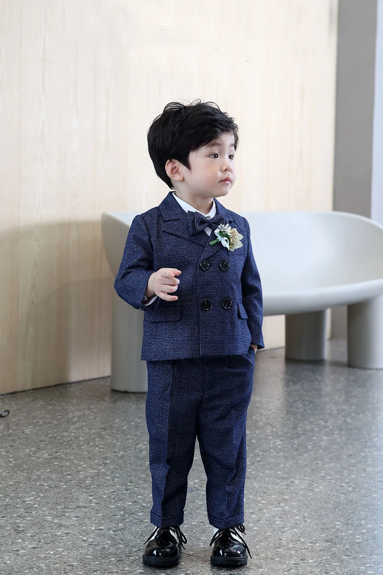 4PCS Little Boy Gentleman Suit Formal clothes Coat Vest Pants Tie bow Outfit Set Khaki Lattice birthday Wedding Party Dress | Детская