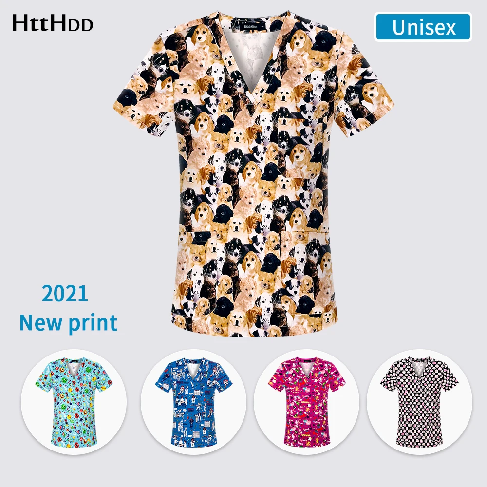 

2021new unisex print pattern staff hospital scrub uniform top for dental clinic supplies nursing nurse female work uniform shirt