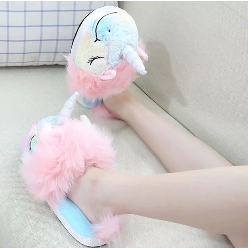 

Unicorn slippers women home slippers cute girl Floor Mixed Colors Cartoons Rainbow Cozy Soft furry slippers indoor warm