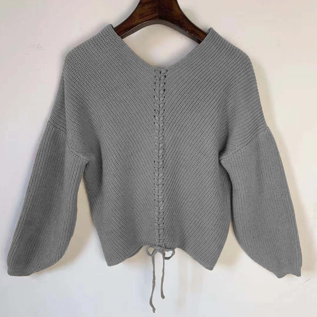 Sweater Womens Lady V-neck Casual Solid Loose Long Sleeve Tops Slim Fit Pullover Jersey Mujer Pull Femme | Женская одежда