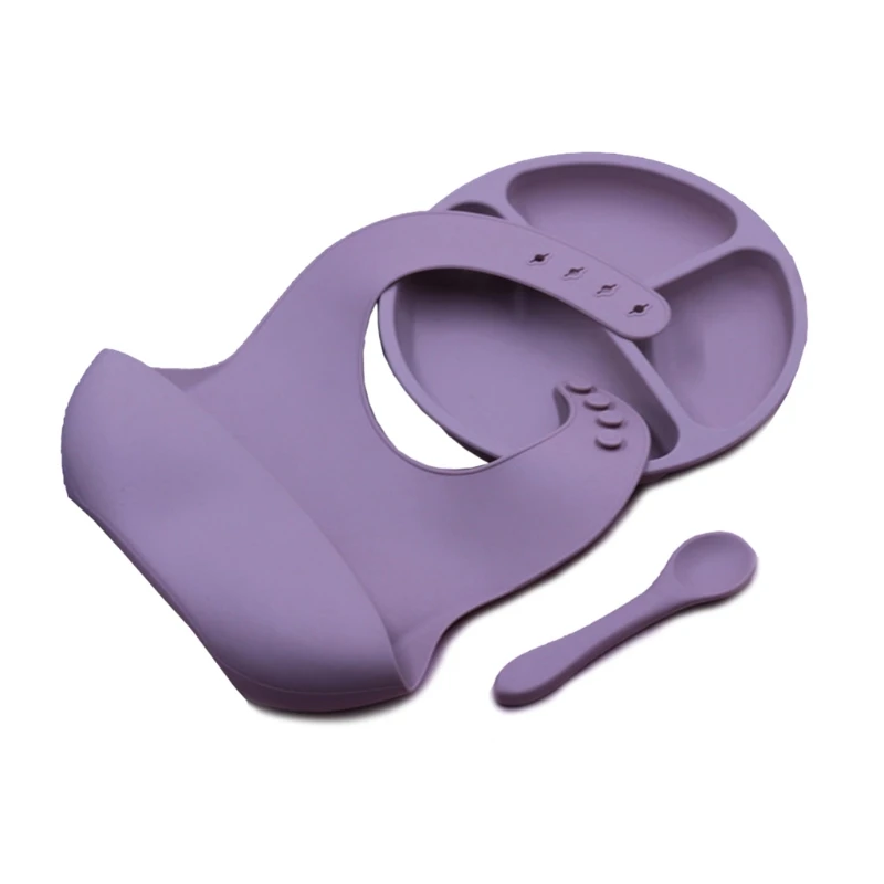 

3pcs Baby Feeding Set Food Grade Silicone Bib Spoon Bowl Suction Plate Tableware J60B