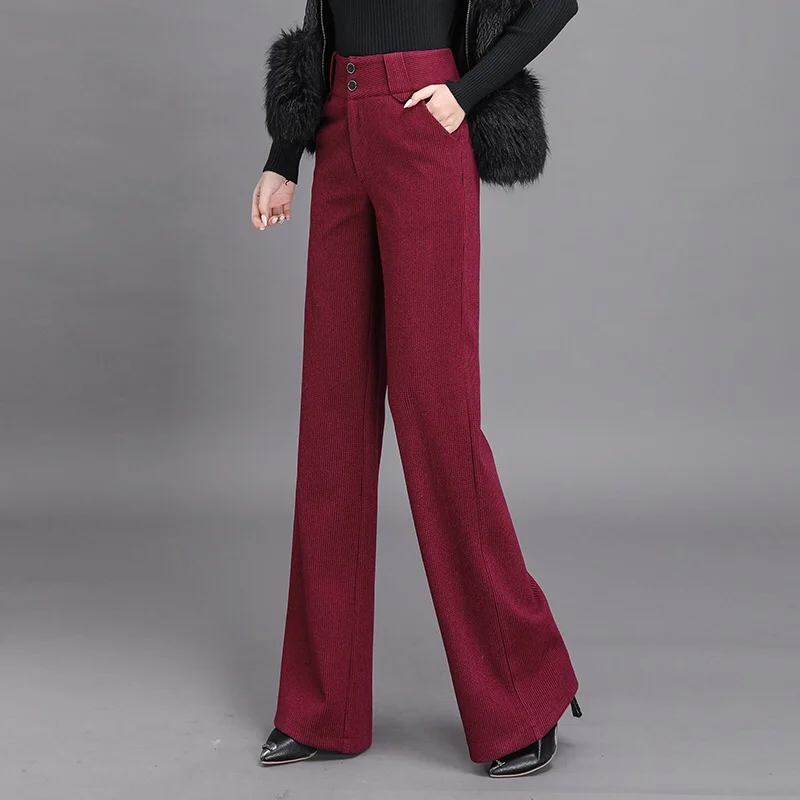 Fall Winter Women High Waisted Wide Leg Grey Wine Red Woolen Pants , Womens Clothing Autumn Elegant Wool Trousers