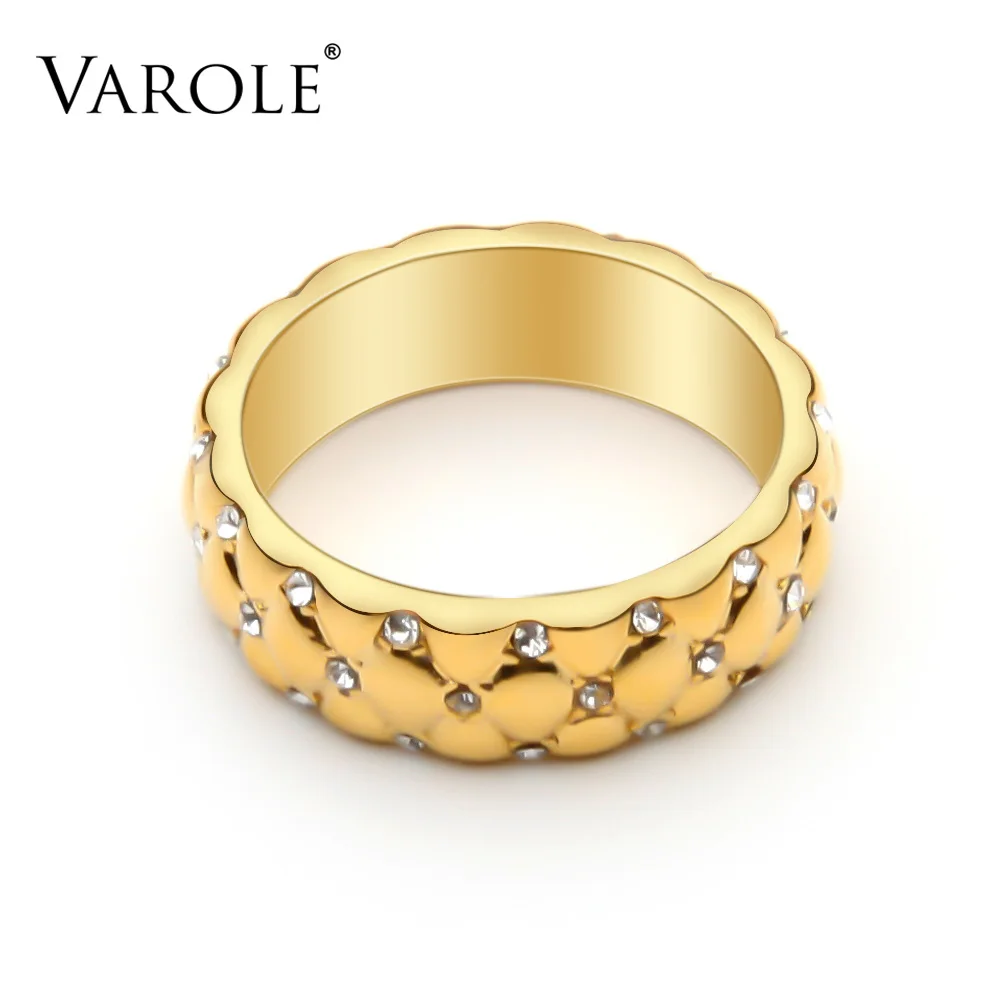 

VAROLE Simple Lattice Pattern Rings For Women Gold Color Charm Ring with Crystal Fashion Jewelry Chic Anniversary Gift