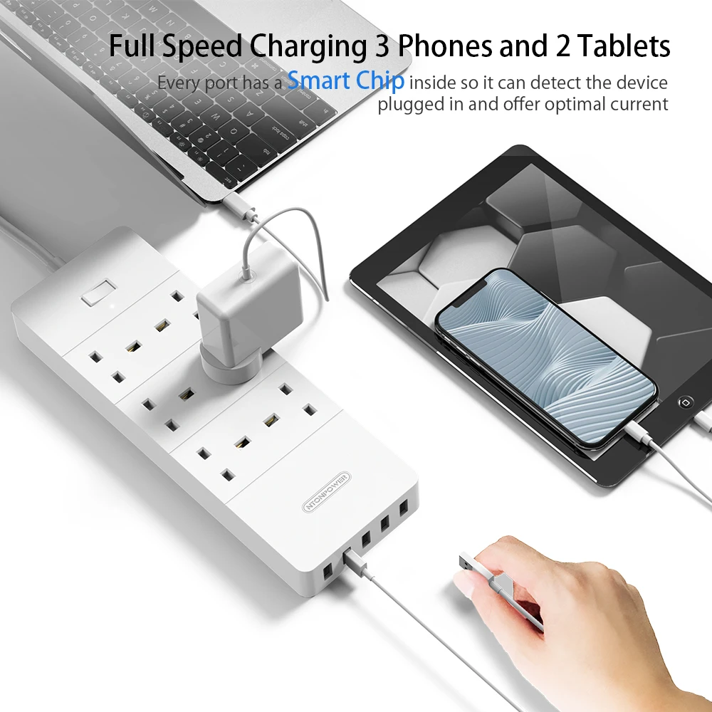 Фото NTON POWER 1700 Joules Защита от перенапряжения 6 банд удлинитель 5 usb-розеток силовая полоса 13 Ампер британская вилка для настольной бытовой техники №4