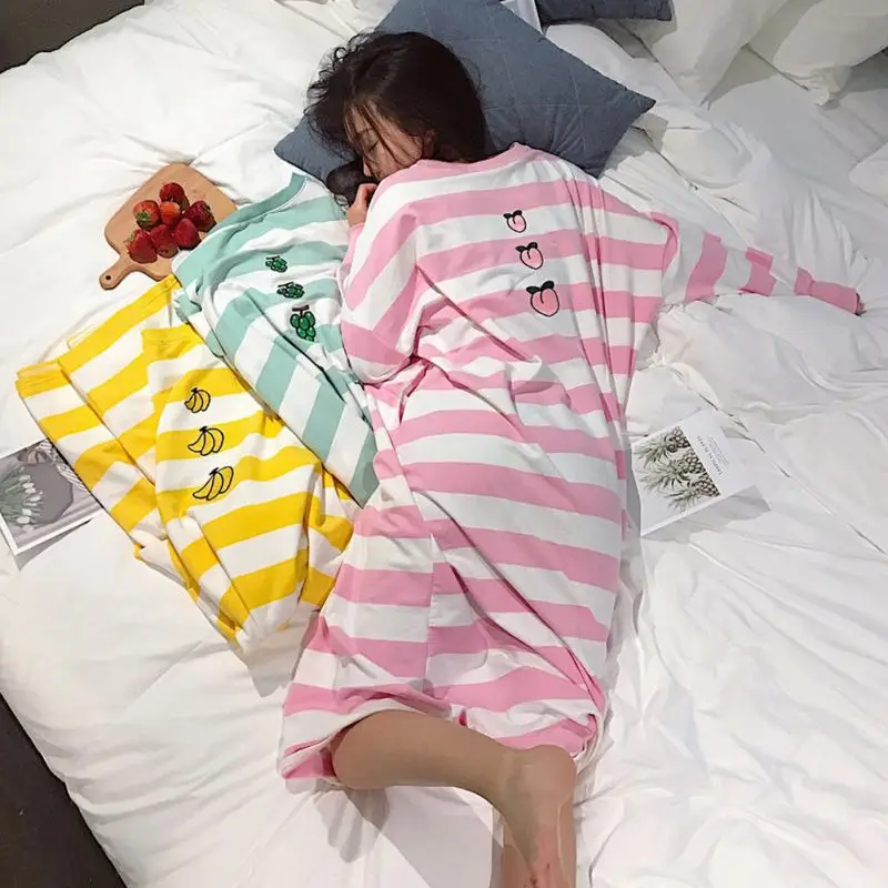 

Women Nightdress Cotton Round Neck Long Sleeve Nightdress Lingerie Stripes Print Home Clothing Hot