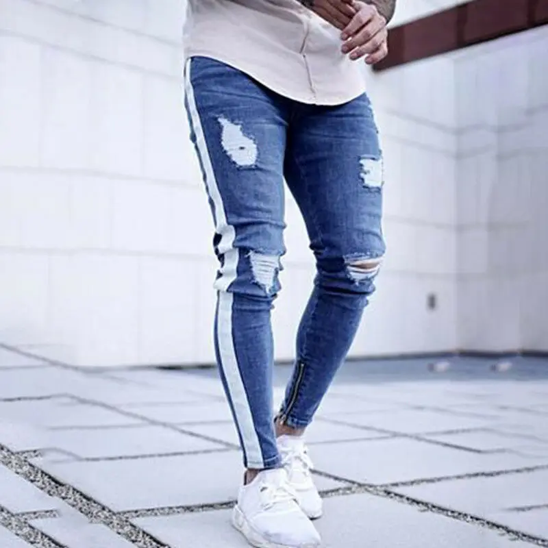 Мужские узкие Стрейчевые облегающие брюки в полоску джинсы на молнии | Мужская