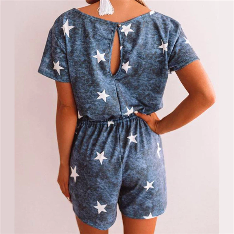 

Pentagram Stars Print Summer Beach Playsuit Women Loose Casual Short Sleeve Rompers Womens Jumpsuit Female Jumpsuits Romper