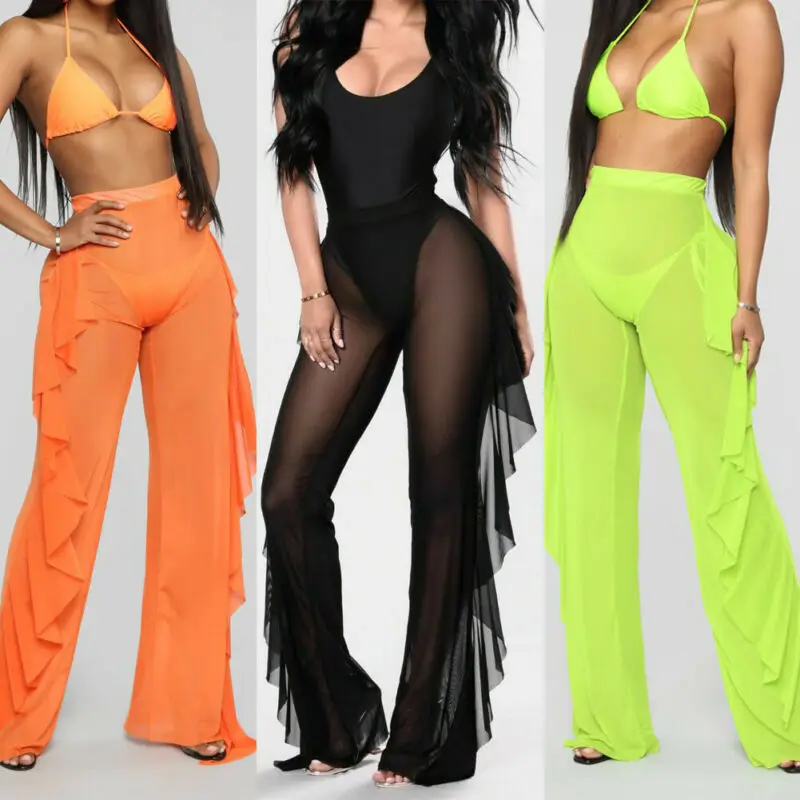 Hot Plus Size Women Mesh Sheer Cover Up Long Pant Trousers Beach Swimwear Solid Loose Pants 7 Colors S-XXL | Женская одежда