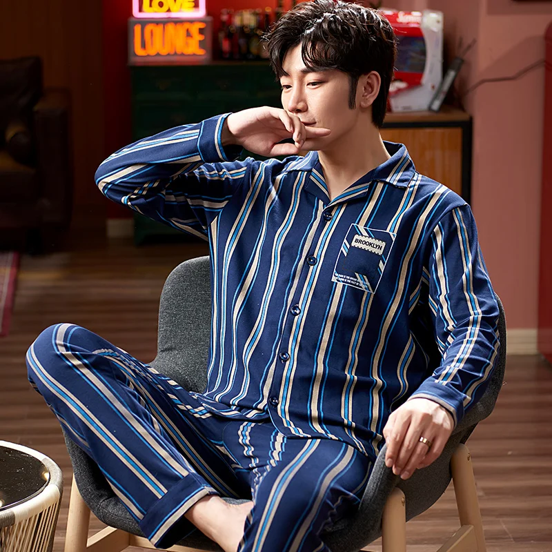 

New Men's Pajama Set 2021 Spring Male Simple Sleepwear Set Long Sleeve Cotton Pajamas for Men Top Pant Leisure Home Wear Cloth