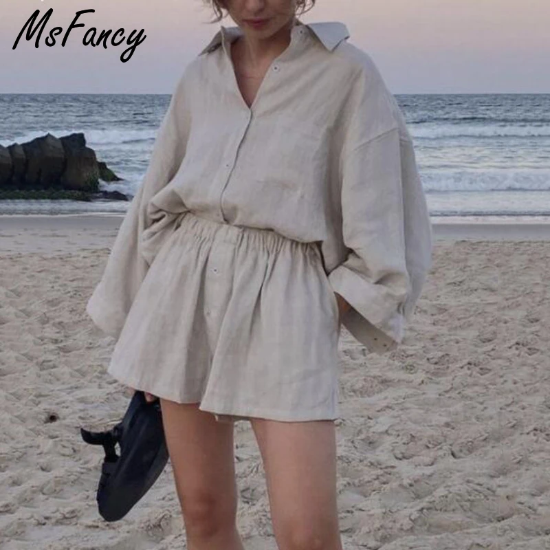 

FAKUNTN Msfancy Summer Two Piece Set Women 2021 Cotton Shorts Sets Vintage Boho Oversized Shirt High Waist Loose Shorts Mujer