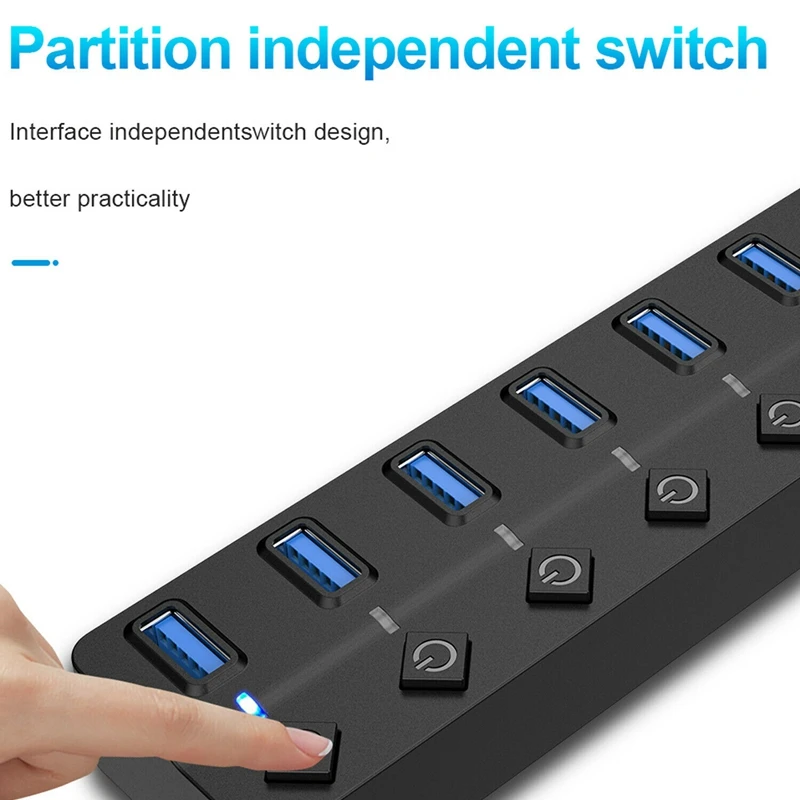 

7 Port USB Hub 3.0 High Speed 5GBPS Multi USB Splitter On/Off Switch with Power Adapter for PC