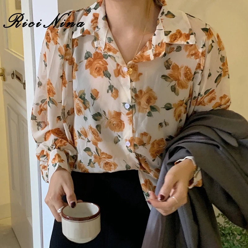 RICININA женская блузка с цветочным принтом отворотом длинный пышными рукавами