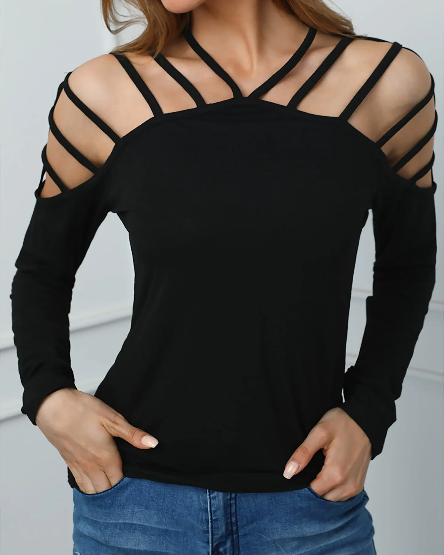 Новинка 2019 Женская Повседневная футболка с бретельками на шее вырезами длинными